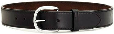 Black Leather Belt for dress or concealed carry use.  Single row thread and double thickness leather construction.